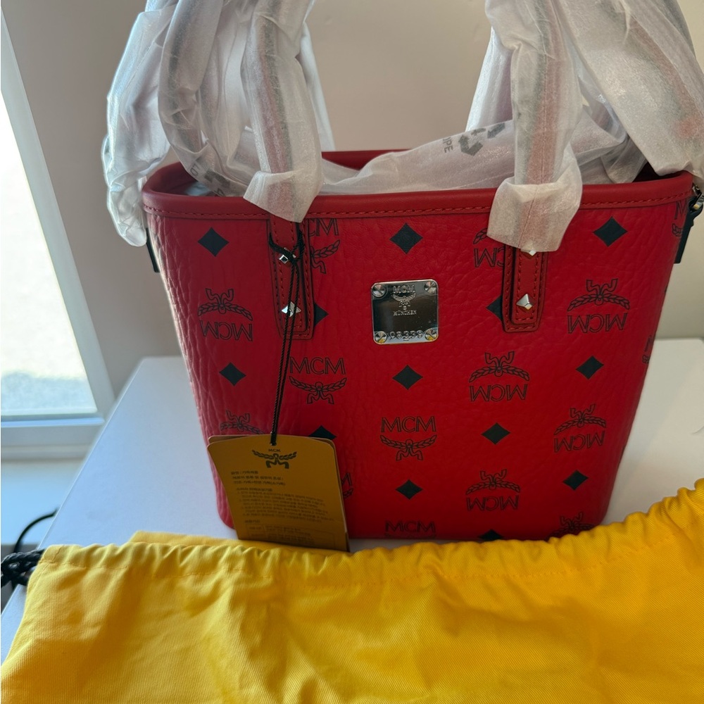 MCM Scarlet Red Tote with Black Accents